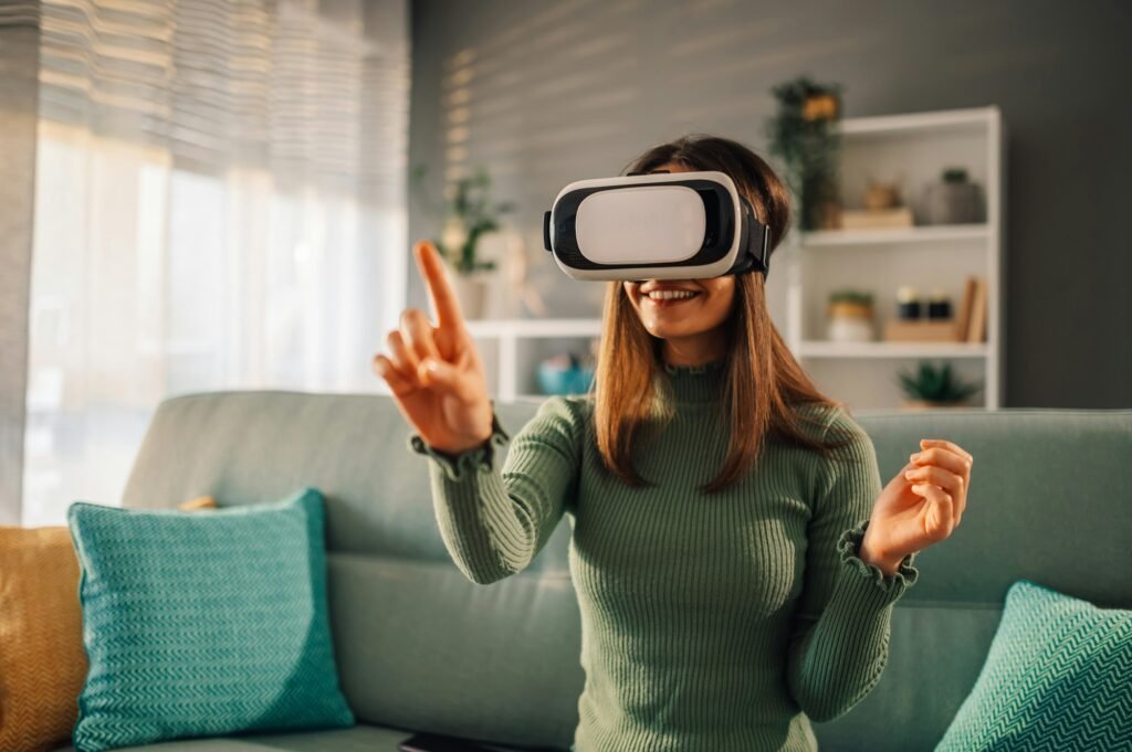 Smile happy woman getting experience while using VR headset glasses