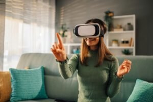 Smile happy woman getting experience while using VR headset glasses